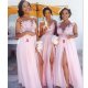 Cheap Country Blush Pink Bridesmaid Dresses Sexy Sheer Jewel neck Lace Appliques Split Formal Evening Gowns Wear 8414813674# Cheap Country Blush Pink Bridesmaid Dresses Sexy Sheer Jewel neck Lace Appliques Split Formal Evening Gowns Wear 8414813674#