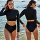 Solid Zip Up Long Sleeve Two-Piece Swimsuit 88211592106# Solid Zip Up Long Sleeve Two-Piece Swimsuit 88211592106#