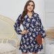 Plus Floral Print V Neck A-Line Dress in Navy Blue 88211592118# Plus Floral Print V Neck A-Line Dress in Navy Blue 88211592118#