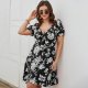 Plus Floral Print Tie Front V Neck A-Line Summer Dress in Black 88211592124# Plus Floral Print Tie Front V Neck A-Line Summer Dress in Black 88211592124#