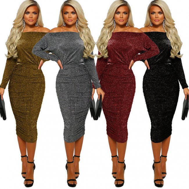 Sparkling Off Shoulder Ruched Long Sleeve Midi Dress 88211592331#