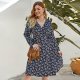 Navy Blue Floral Print V Neck Plus Size Dress 88211592367# Navy Blue Floral Print V Neck Plus Size Dress 88211592367#