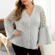 Bell Sleeve V Neck Hollow Out Blouse Top 88211592369# Bell Sleeve V Neck Hollow Out Blouse Top 88211592369#