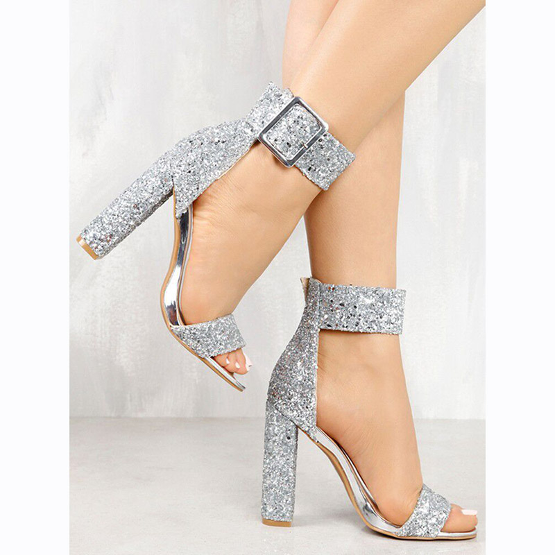 Sparkling Glitters Open Toe Chunky Heels #88211592258