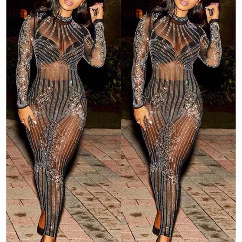 Bodycon Jumpsuit-Long Sleeve See Through Rhinestone 88211592343#