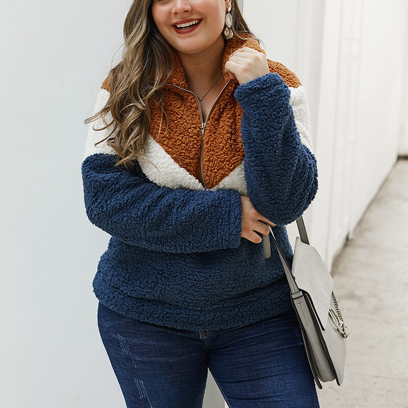 Color Block Teddy Jacket Plus Size 88211592405#