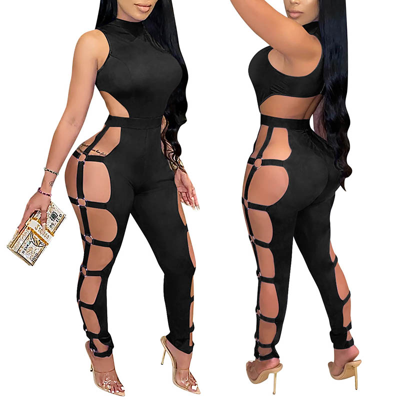 Black Hollow Out Open Back Jumpsuit 88211592462#