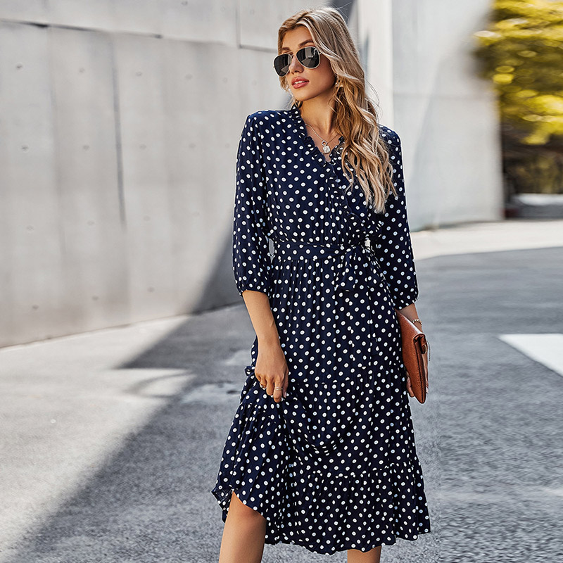Polka Dot Print Wrap Midi Dress 88211592514#