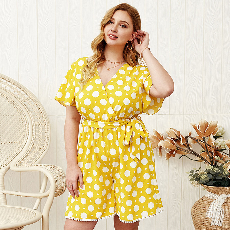 Polka Dot Print Belted Plus Size Romper 88211592528#