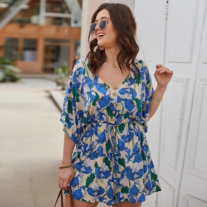 Plus Floral Print Wide Leg Romper 88211592530#