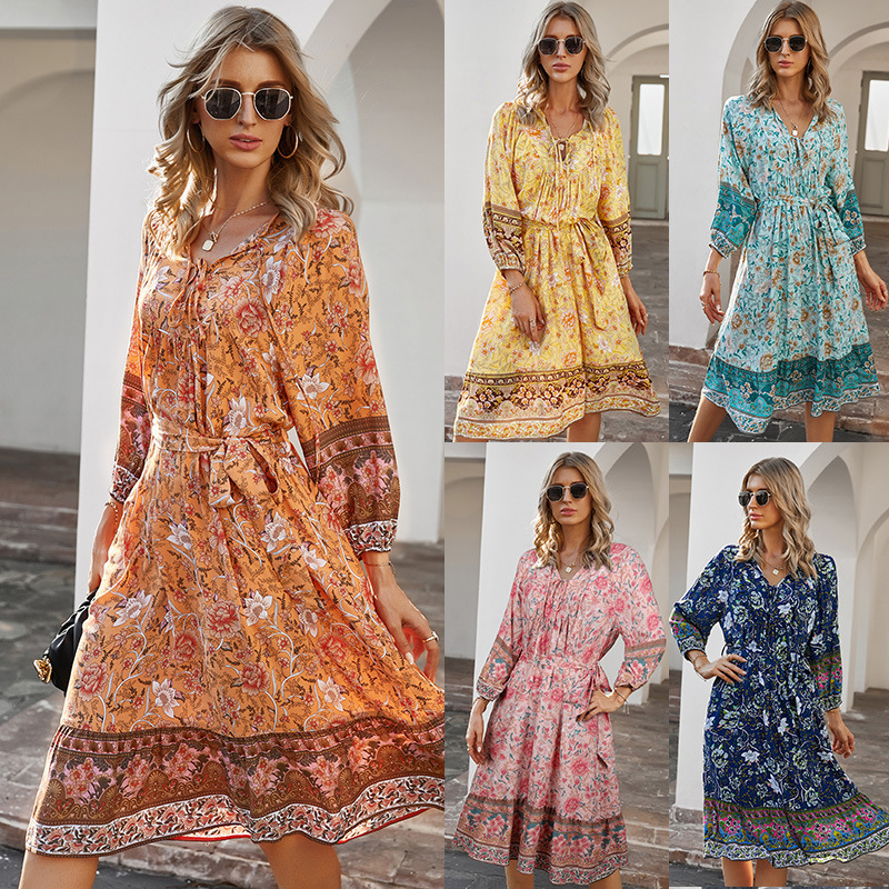 Boho Floral Print A-Line Midi Dress 88211592532#